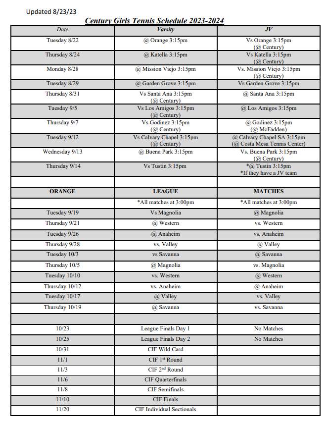 Girls Tennis Schedule
